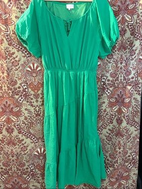 ENTRO L Kerry green puff sleeve midi boho dress with ruffle skirt